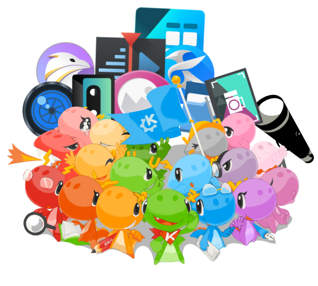 Image of a group of colorful Konqis, the KDE mascot, carrying a blue KDE flag in front of a melange of icons for KDE apps. 