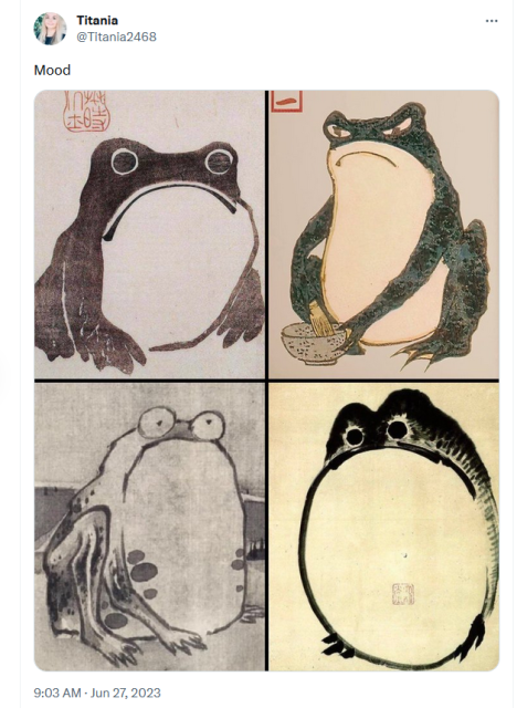 A tweet from @titania2468 on Twitter featuring four cartoonish black and white drawings of frogs. The top left has a huge frown; the top right has a frown and angry eyebrows; the bottom left is frowning and has perplexed eyes; the bottom right has an abyssal perplexed frown that might encompass its whole body and its eyes are vacant black.