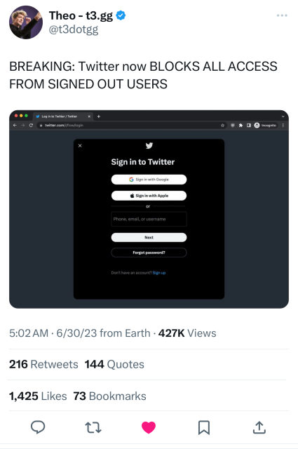 Breaking: Twitter now blocks all access from signed out users 