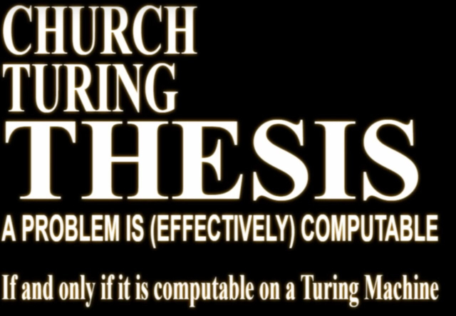 Words, formatted reminiscent of neon genesis evangelion, it says "Church Turing thesis, a problem is (effectively) computable, if and only if it is computable on a Turing machine"