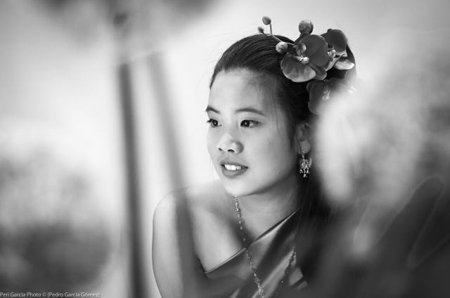 Foto en blanco y negro en primer plano de bailarina thai esperando para salir a realizar su número de baile (frontal, mirando hacía su izquierda con gesto ensoñador, resaltandose mucho sus profundos ojos negros).

La foto está enmarcada con flores desenfocadas en primer plano de profundidad.