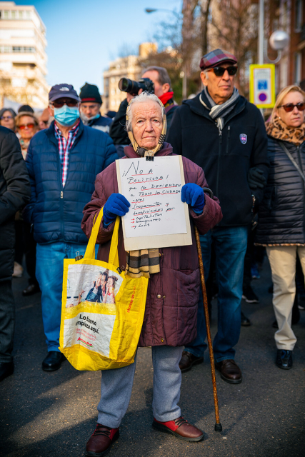 Retrato a cuerpo completo de una mujer mayor bien abrigada, sujetando un bastón y portando una bolsa de Ahorramas, con un cartel que indica “No a politicos que no defienden a todos los ciudadanos. Inoperantes y beneficiados por capitalistas, banqueros y lovis".