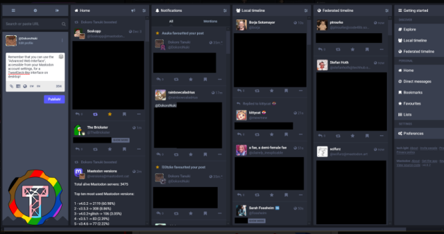 Low-resolution screenshot of the Advanced Web Interface on Mastodon. Timelines are laid out in a way similar to that of TweetDeck for Twitter, with Home, Local and Federated timelines, plus notifications, in separate columns on the screen.