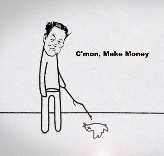 Elon Musk poking dead Twitter with a stick, saying, "C'mon, make money."