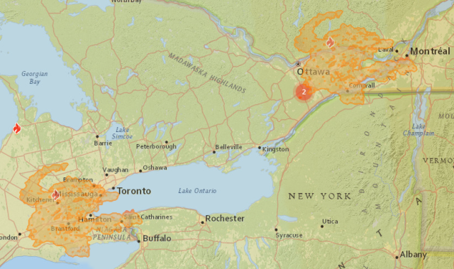 Image of map of Southern and Eastern Ontario with an overlay of the largest fire burning in Quebec to see the size stretching from the cities of Ottawa to Montreal and from Toronto to Niagara Falls. Image from: https://firesmoke.ca/forecasts/current/