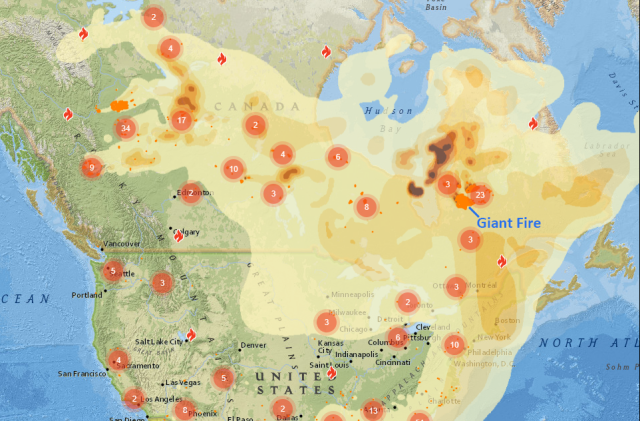 Image of map of Canada and the USA with smoke covering a large portion of the map with smoke travelling very long distances. Image from: https://firesmoke.ca/forecasts/current/