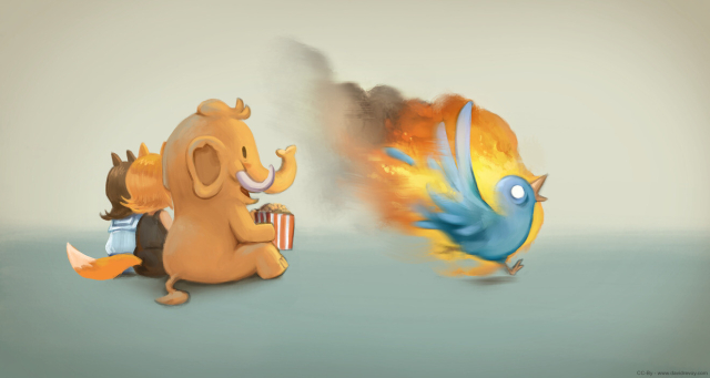 The mascot of Mastodon, a plushy furry pachyderm eats pop-corn. In background, seating each other: Pleroma a fox-girl in a black dress, and AI a girl with cat hears and a uniform of Japanese schoolgirl.

They are all amused by a scene: a blue bird (silhouette and colors reminds the Twitter logo) cross the canvas running in fire, he is not enjoying it.

License:
"Oh wow, you are on fire lately!" by David Revoy, with mascots of https://joinmastodon.org, Mastodon, https://pleroma.social, Pleroma-tan, https://misskey-hub.net, AI - CC-By 4.0 (https://creativecommons.org/licenses/by/4.0/deed.en)

Note: original post had only the Mastodon mascott, AI and Pleroma-tan joined later in a edit at popular demand in the comments.