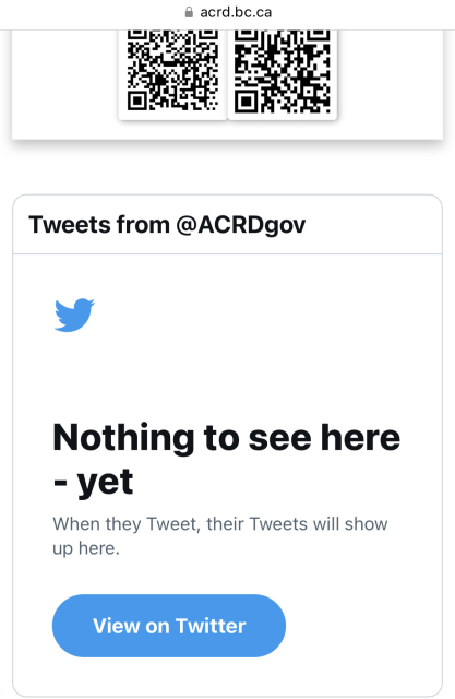 A screenshot from the ACRD website shows a standard embedded twitter box. it says "Tweets from @ACRDgov - Nothing to see here - yet - When they tweet, their Tweets will show up here"