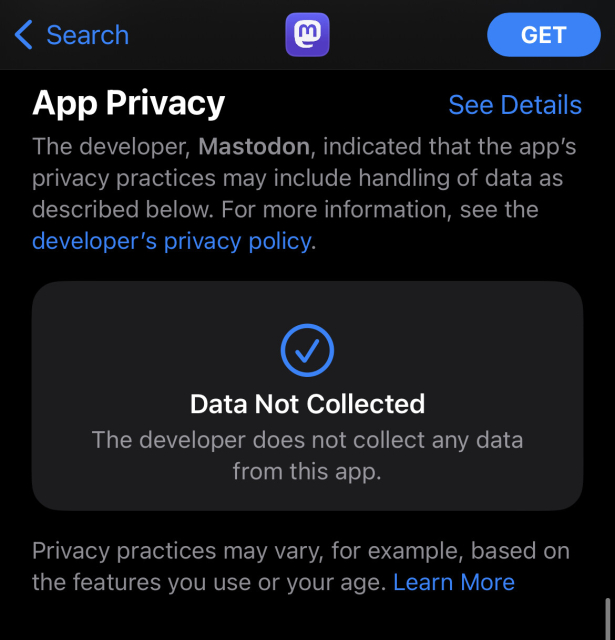 The “App Privacy” section of the official Mastodon app in the iOS App Store. It says “The developer does not collect any data from this app.”