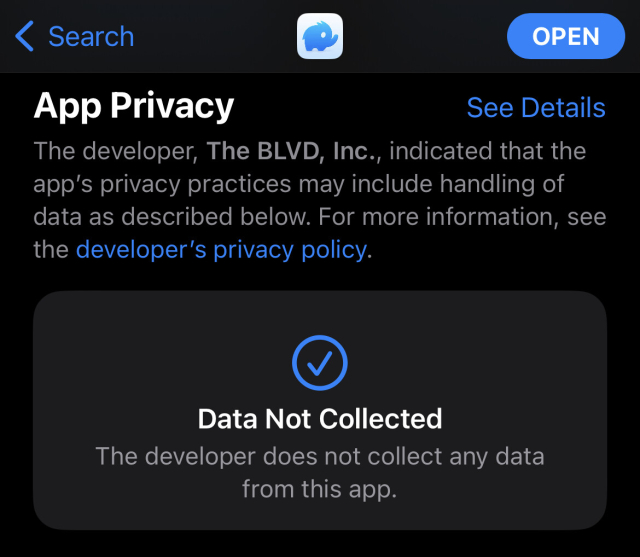 The “App Privacy” section of “Mammoth” in the iOS App Store. It says “The developer does not collect any data from this app.”