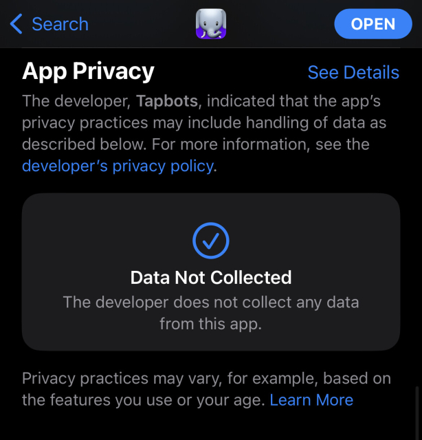 The “App Privacy” section of “Ivory” in the iOS App Store. It says “The developer does not collect any data from this app.”
