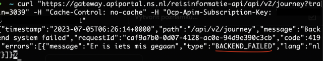 A screenshot of a terminal running curl API call to NS App API. The call ends with an error message type BACKEND_FAILED.