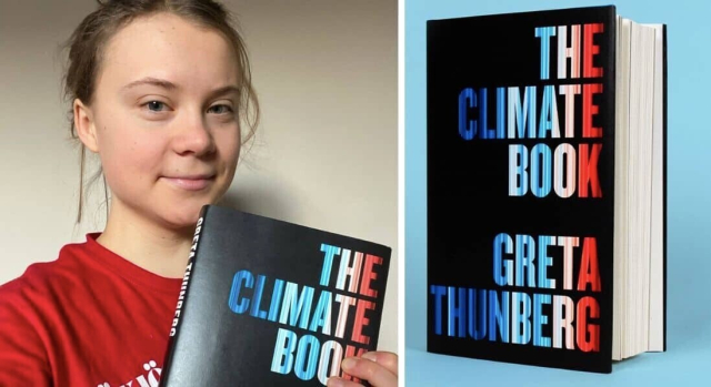 Greta Thunberg, holding a copy of The Climate Book, showing the front cover.