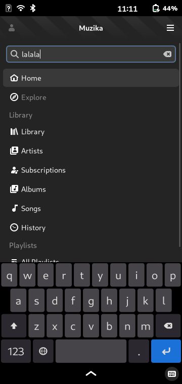 Muzika navigation page showing search, home, library, artists, subscriptions, playlists etc...