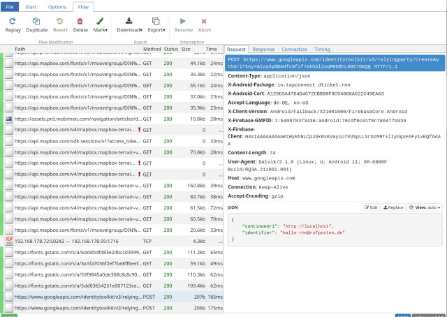 Logfiles von mitmproxy, die E-Mailadresse wird als json an Googleapis gesendet. 