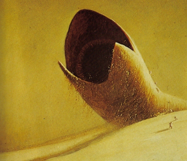 An artistic depiction of a Dune sandworm with small figures in bottom right for scale 