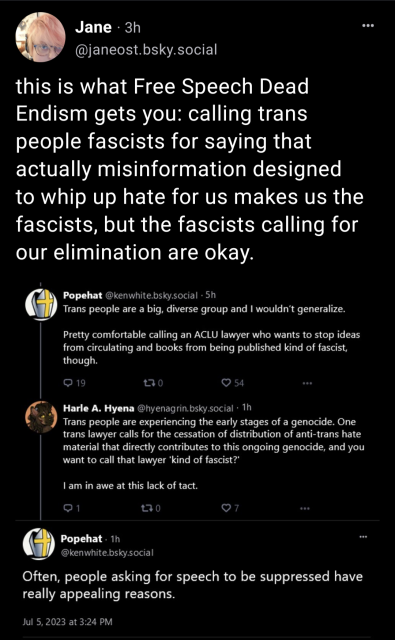 Popehat calls a trans ACLU lawyer a fascist for wanting to remove disinformation designed to cause trans people to be harmed, then defends it in the face of a trans poster pointing out the scale of the harm his position entails.