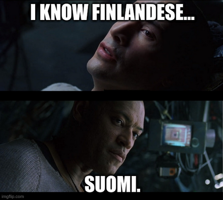 The Matrix meme with a lame pun:

Neo: "I know finlandese..."
Morpheus: "Suomi."