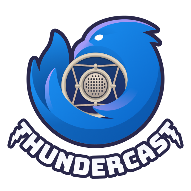 A microphone being embraced by the new Thunderbird logo, with the word "THUNDERCAST" below it, stylized with lightning bolts. 