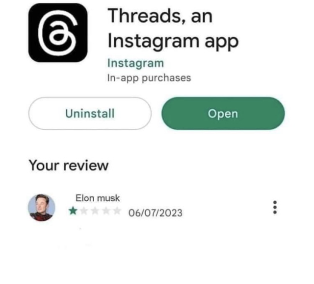 Elon musk giving threads app one star review 