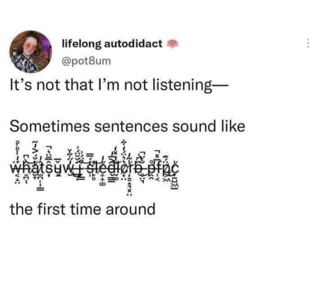 Meme says, “ it’s not that I’m not listening — sometimes sentences sound like ( scrambled sentence with letters overlapping ) the first time around”. 