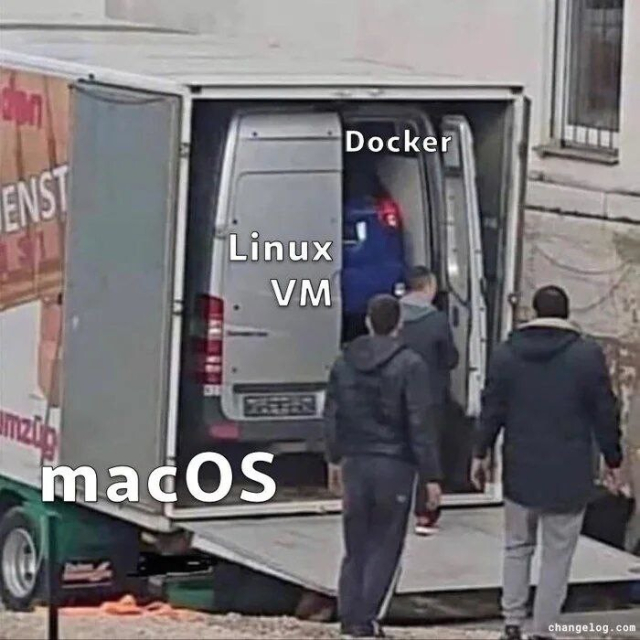 There’s a moving truck labeled macOS. Inside the moving truck is a van labeled Linux virtual machine. Inside of that van is a car labeled Docker. 