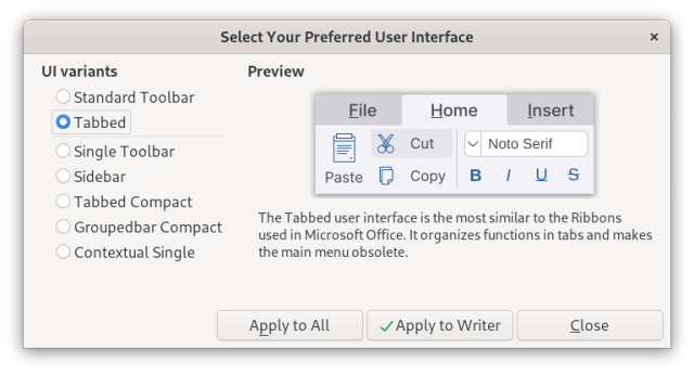 Screenshot of LibreOffice's "Select Your Preferred User Interface" dialog, showing 7 different toolbar layout systems