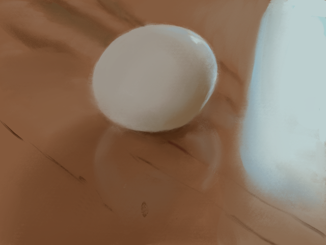 A painting of an egg on a brown table. As slightly blue-tinted light from a window is reflected on the table to the right.