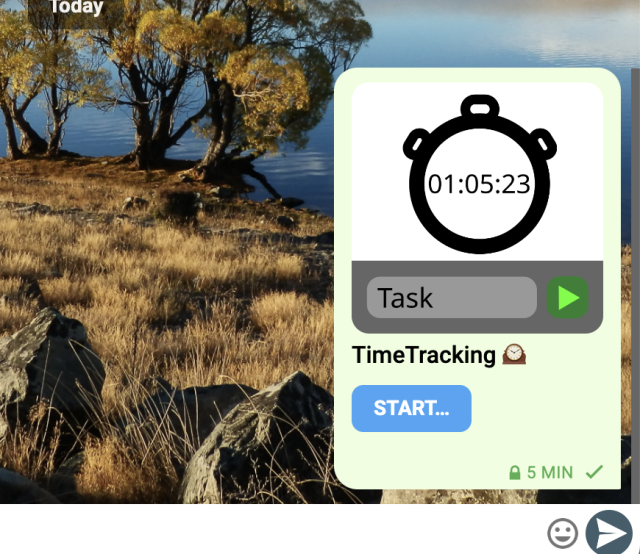 screenshot of the webxdc app in a chat with the new logo, which consists of a stopwatch and a field to enter a task name with a start button bellow it.