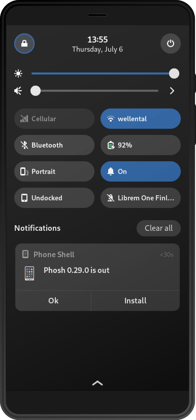 Phosh's settings menu showing a notification: phosh 0.29.0 is out.