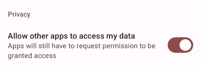 New option in Catima settings under the "Privacy" category.

The option is named "Allow other apps to access my data" and has a description stating "Apps will still have to request permission to be granted access". The setting is enabled in the screenshot.