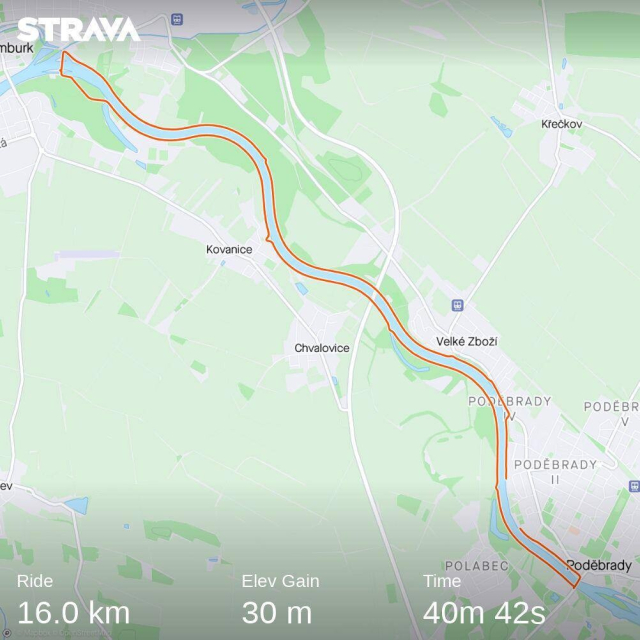 Sdílení trasy z aplikace Strava:
Trasa na kole - okruh z Poděbrad do Nymburka podél Labe.

16 km, převýšení 30 m a čas 40min 42s

Detail: https://www.strava.com/activities/9422804272