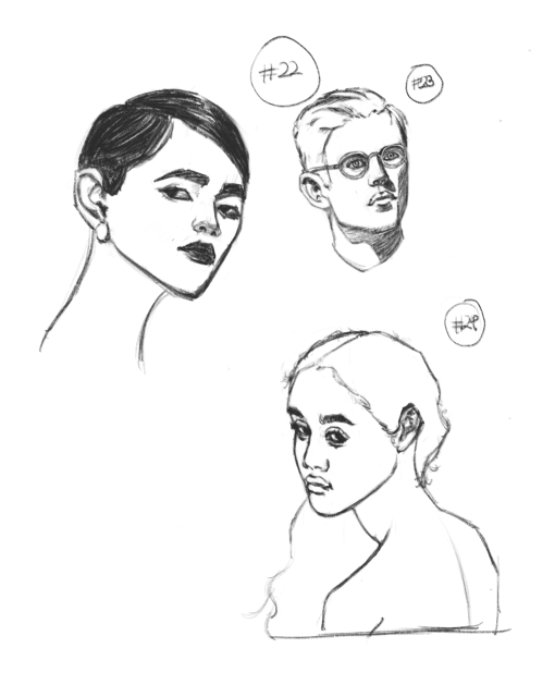 3 drawings of heads on a white background