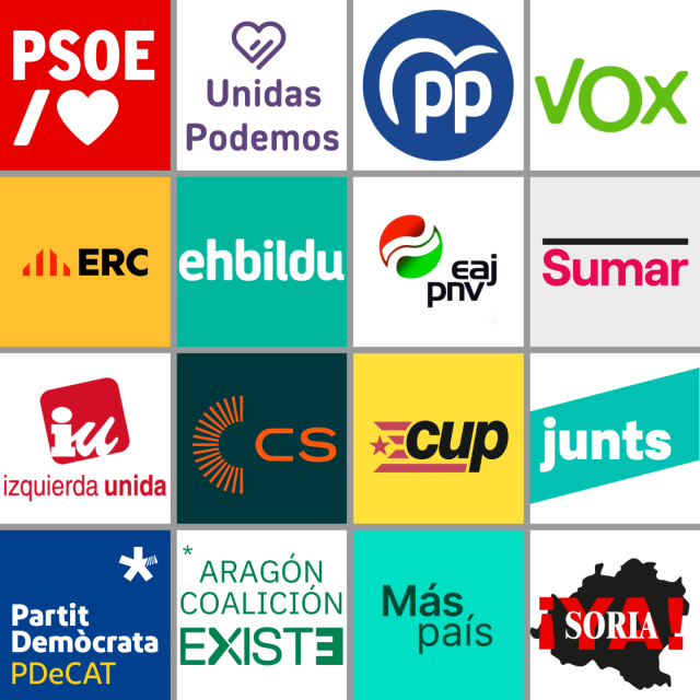 Logotipos de partidos que se presentan a las elecciones generales 2023:

- PSOE (Partido Socialista Obrero Español);
- Unidas Podemos;
- PP (Partido Popular);
- VOX;
- ERC (Esquerra Republicana de Catalunya);
- EH Bildu (Euskal Herria Bildu);
- PNV (Euzko Alderdi Jeltzalea-Partido Nacionalista Vasco);
- Sumar;
- IU (Izquierda Unida);
- CS (Ciudadanos);
- CUP (Candidatura d'Unitat Popular);
- Junts (Junts per Catalunya);
- PDeCAT (Partit Demòcrata Europeu Català);
- Aragón - Coalición Existe;
- Más País;
- Soria ¡Ya!