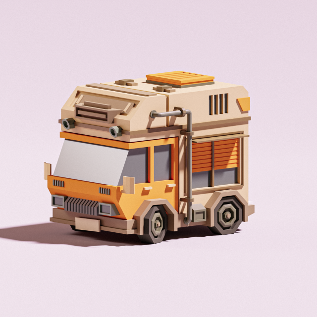 Some kind of little low poly truck, or rather RV, made in Blender