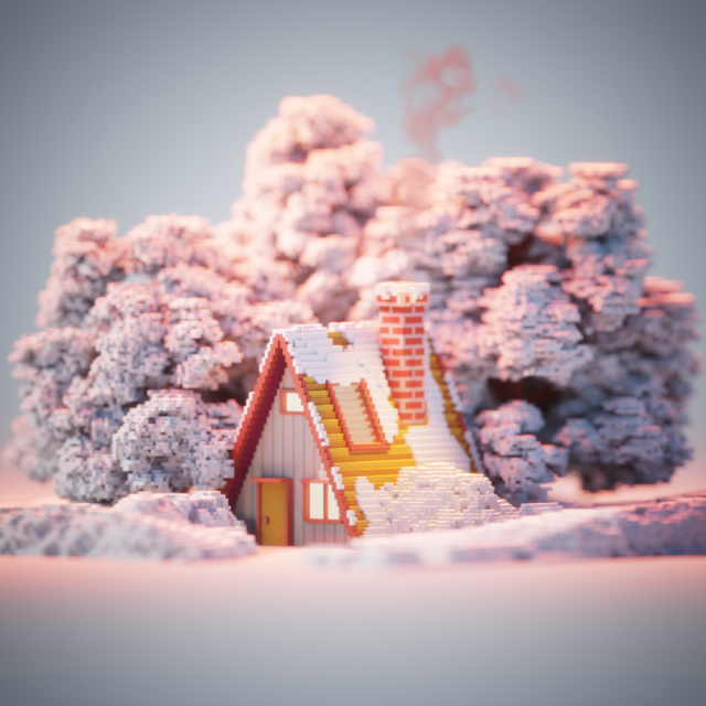 Cozy cottage in the woods, winter scenery. Scene made out of voxel cubes