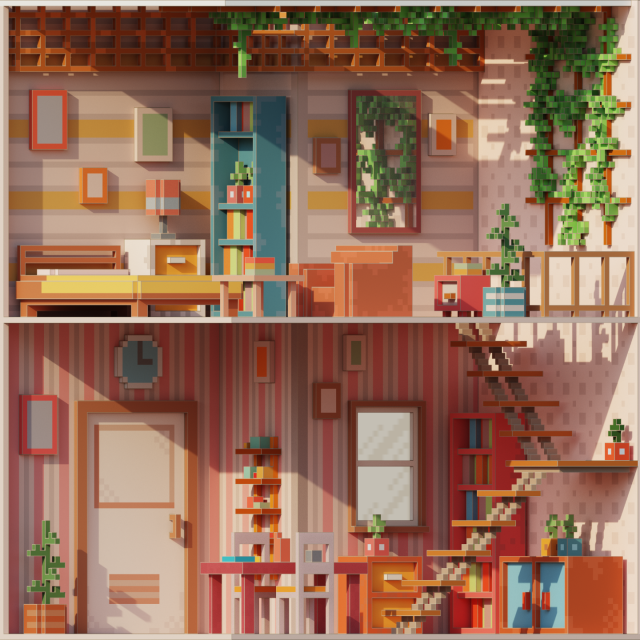 Colorful blocky low res kitchen and bedroom, voxel art
