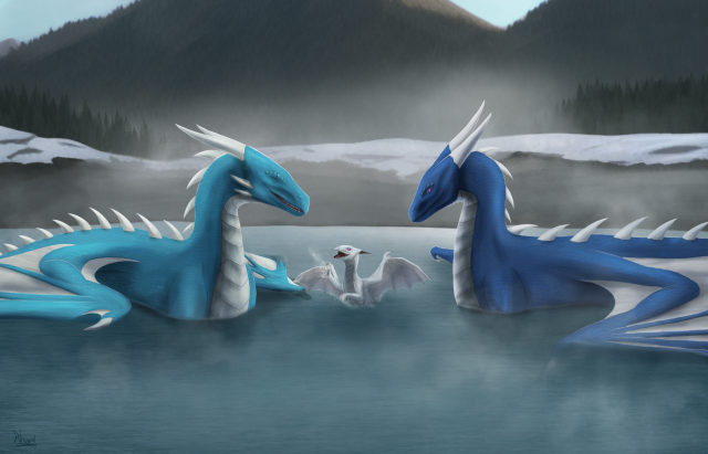3 dragons, from left to right a Azure dragon happily watching to his white hatchling, enjoying the water she throws to him while on the right next to the hatchling, the blue mother is watching the scene with a smile