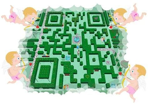 QR Code garden: Looks like a garden labyrinth, it's slightly tilted and has an Cupid at each of the 4 corners aiming its heart-tipped arrow to the center of the garden, where you can see a tiny fountain.