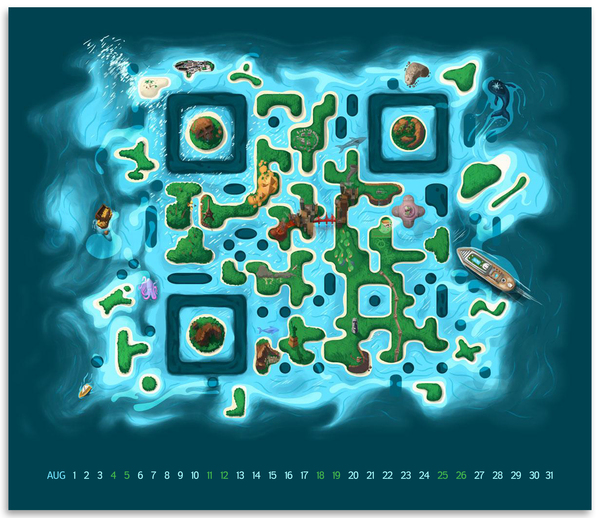 tropic island QR code: deep blue-green waters in the outer ranges, turquoise towards the center. Islands are in green, so are the squares in the corners. From the right side, a cruiser enters the code.