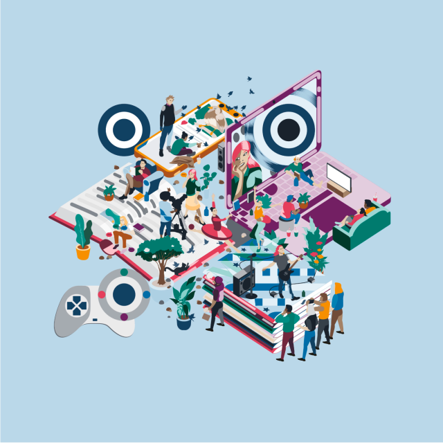 QR code for gamers I guess: multiple floors with people and stuff on them. You really need to look closely to recognize the QR code. No squares in the corners, but instead something looking like dart targets. Everything is quite colorful.