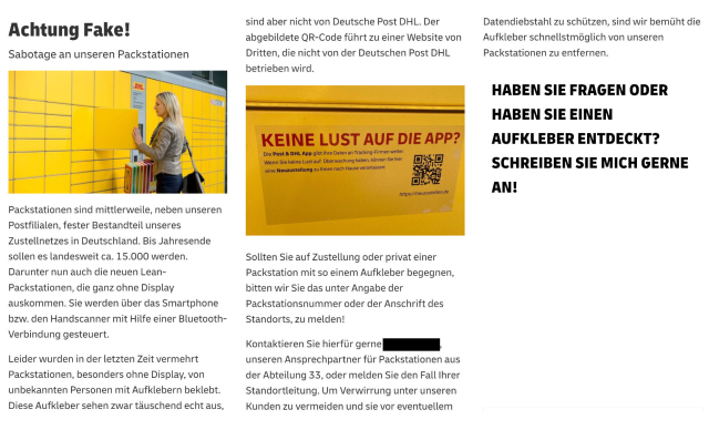 Ein Screenshot aus der internen Unternehmenskommunikation der DHL, in der vor unseren "neuzustellen.de" Stickern gewarnt wird.