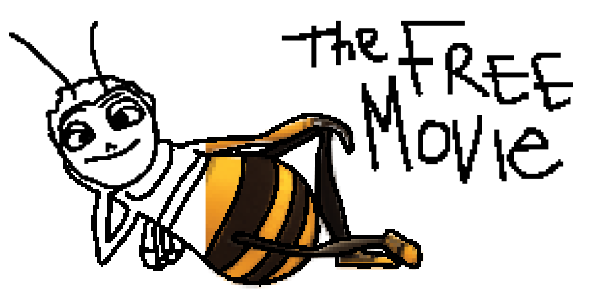 MS Paint-style illustration of Barry B. Benson reclining, half in color and half black-and-white, with the text "The Free Movie"