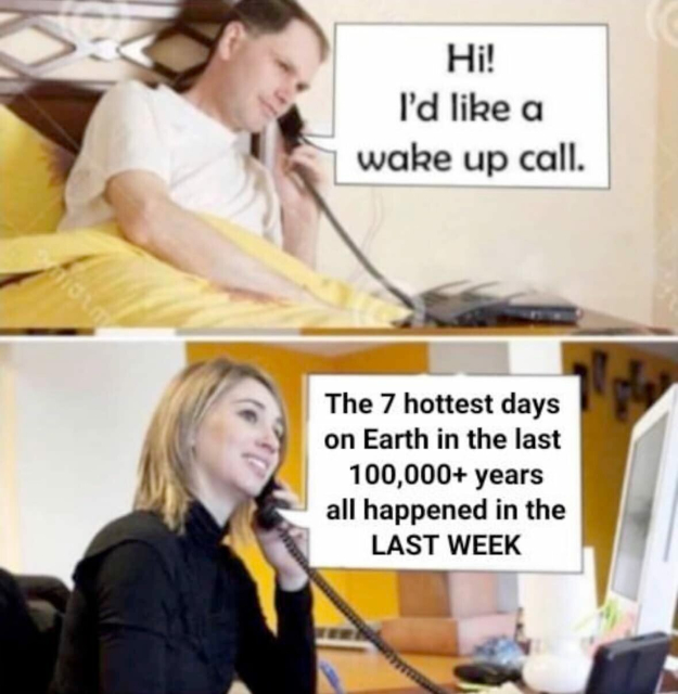 Two panels, one above the other... 

In the top panel, a man lying in a hotel bed, getting ready to go to sleep, calls the front desk on the hotel phone, and says, "Hi, I'd like a wake-up call."

In the panel below, a female hotel employee, sitting at a desk in front of a computer screen, answers the call, and says: "The seven hottest days on Earth in the last 100,000+ years all happened in the last week."