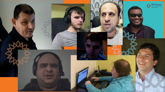 Montage of many of the faces of people from the recent testimonial videos.  Image includes 8 faces taken from the videos roughly arranged on an orange background with several sunburst decorations between.