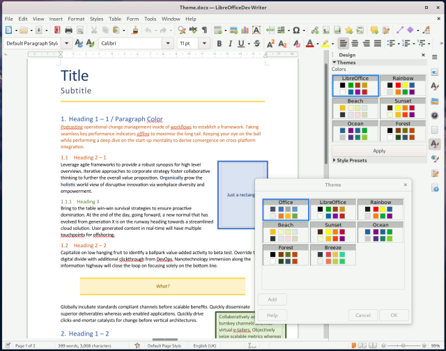 Screenshot of document with various colours, and colour picker