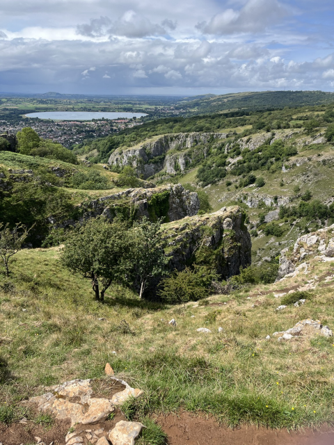 A view from the top of Cheddar Gorge. Lots of green and rock faces, with Cheddar Reservoir in the top right