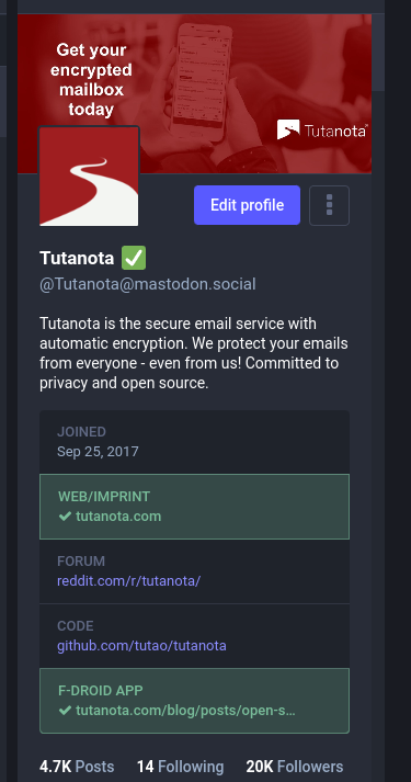 Screenshot of Tutanota's Mastodon profile