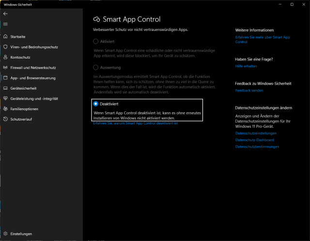 Bildschirmfoto der Einstellungsseite für die Smart App Control. Der Optionsschalter steht auf deaktiviert, dazu der Hinweis: Wenn Smart App Control deaktiviert ist, kann es ohne erneutes Installieren von Windows nicht aktiviert werden.