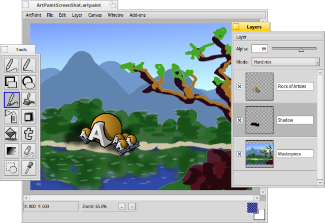 Another screenshot, showing a family of ArtPaint icons sitting on the beach near a lake with mountains in the background. The layers in the image are named "Flock of Artsies", and "Masterpiece" for the background